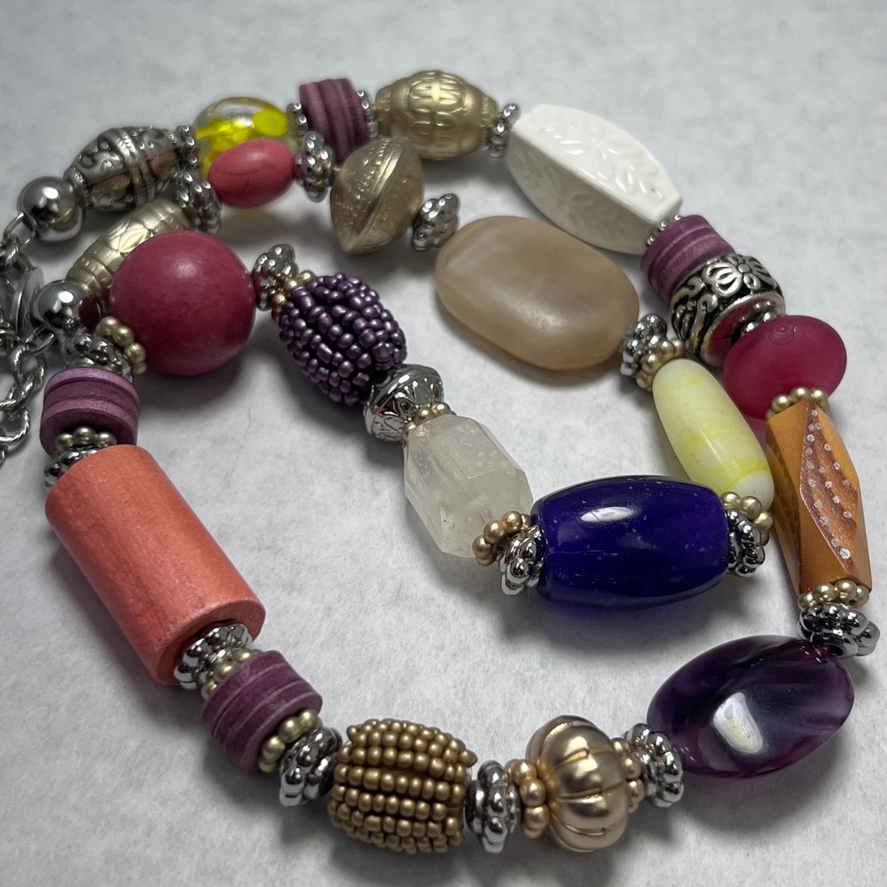 38" Chicos Beaded Chunky Necklace Colorful Silver Tone Chain Boho Eclectic